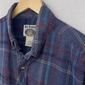 BAY TRADING CO. Shirt Mens L Flannel Plaid Button Down Long Sleeve Blue Vintage